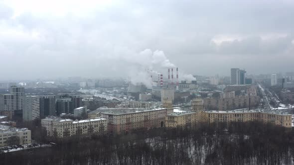 Aerial Shot of City Center of Moscow, Russia. Drone Is Hovering Over the Park and Moskva River at