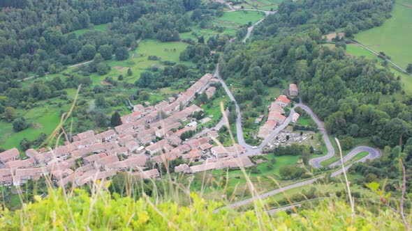 View of Monségur village in France countryside, from above, from the Monsegur Castle, near Toulouse