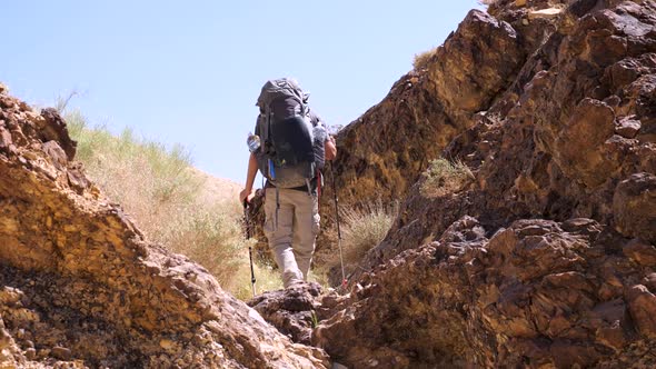 Static shot of alone hiker with a hiking pack, going around Crater Ramon, Negev desert in Israel on