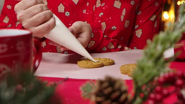 Female Hands Decorate the Traditional Christmas Cookies with Icing