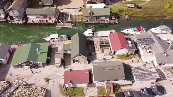 View Of Fish Town In Leland Michigan During Daytime - aerial drone shot