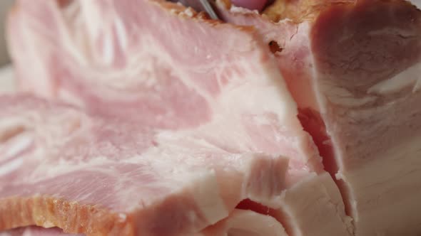 Woman use knife for smoked pork meat cut 4K 2160p 30fps UltraHD   footage - Cured bacon tasty food c