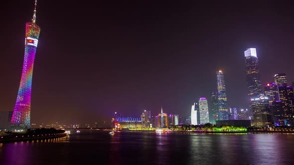 Canton Tower Near Wide Calm Pearl River in China Timelapse