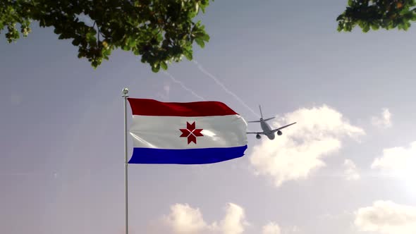 Mordovia Flag With Airplane And City -3D rendering
