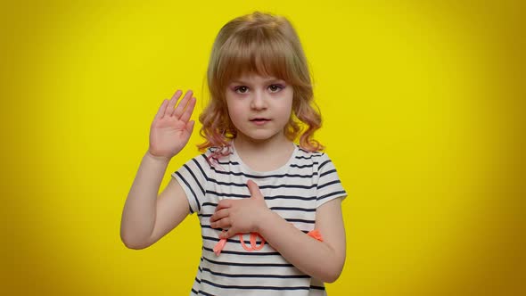 Child Kid Swear to Be Honest Aising Hand to Take Oath Promising to Tell Truth Keeping Hand on Chest