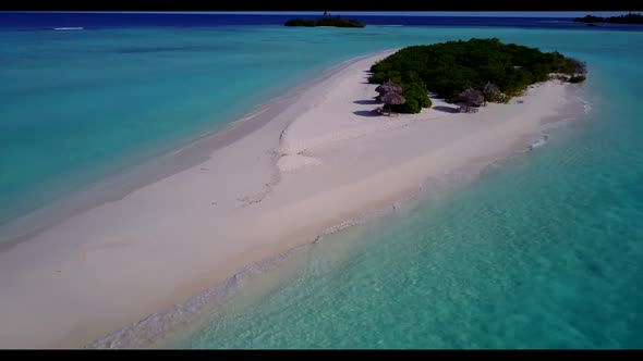 Aerial flying over travel of tranquil lagoon beach adventure by blue water and white sand background