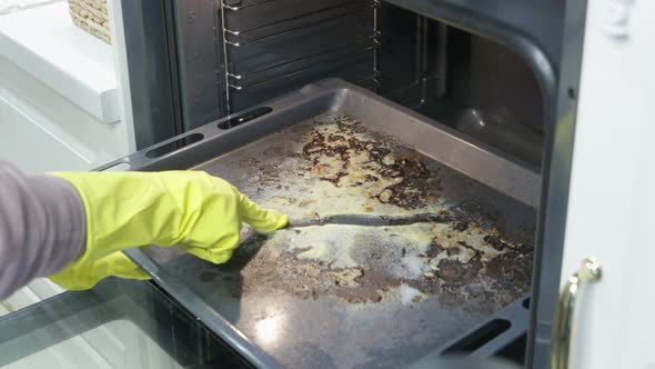 Woman Wearing Rubber Gloves Cleaning Oven After Cooking a Fatty Dish in the Kitchen Housewife Pulls