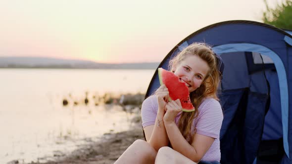 Smile Large Lady with a Big Piece of Watermelon at