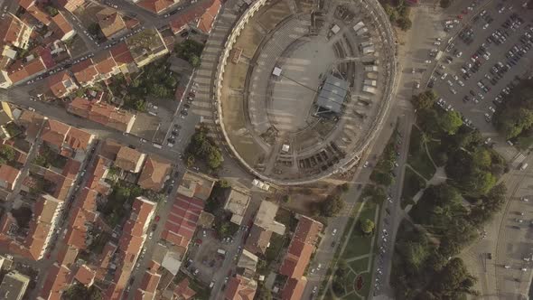 Red Roofs, Roads and Arena On Sunset. Pula, Croatia. Flat Color