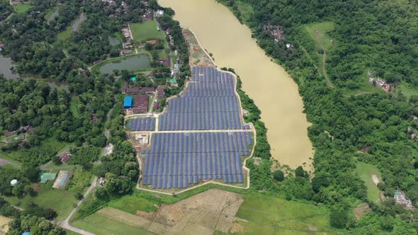 Aerial view of solar panels along Karnaphuli river, Bangladesh.