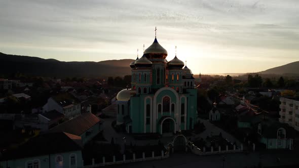 Christian Church at Sunset Aerial View Temple in the Transcarpathia Ukraine