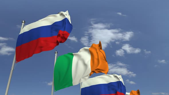 Many Flags of Ireland and Russia at International Meeting