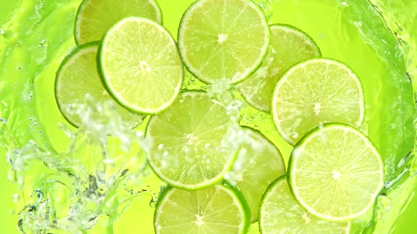 Super Slow Motion Shot of Lime Slices Falling Into Water on Green Background at 1000Fps