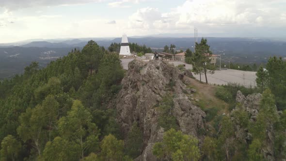 Aerial drone view of Geographical center Picoto Melrica Centro Geodesico of Portugal in Vila de Rei