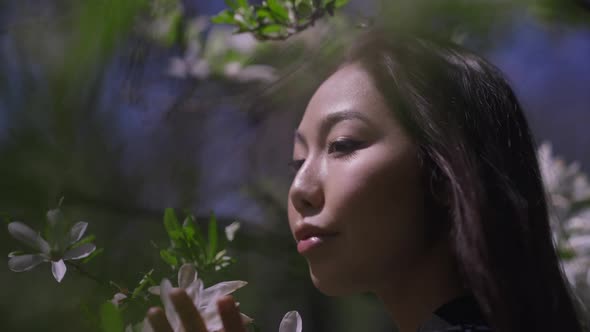 Closeup of Happy Young Asian Woman Touching Petals of White Sakura in Spring Garden