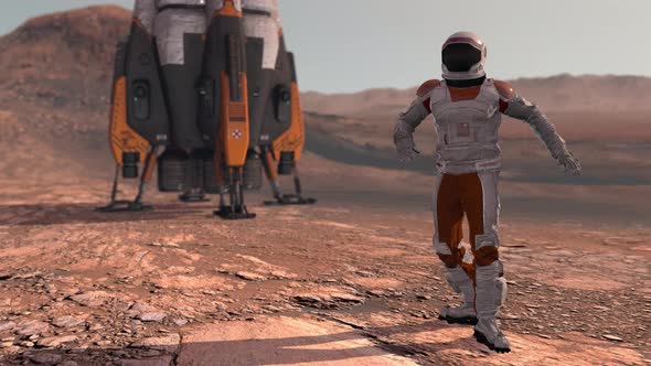 Astronaut Dancing on Mars Red Planet. Exploring Mission To Mars. Futuristic Colonization and Space