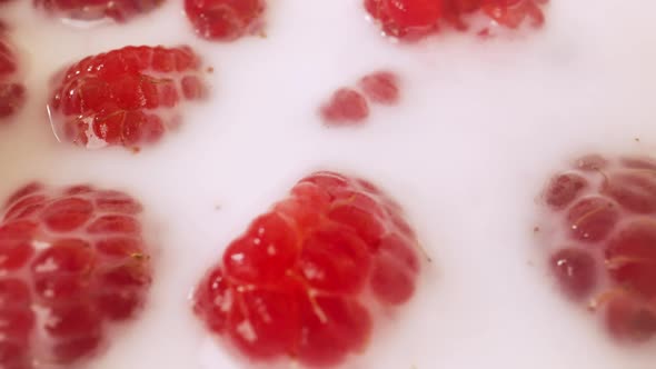 Raspberries Falling Into Milk