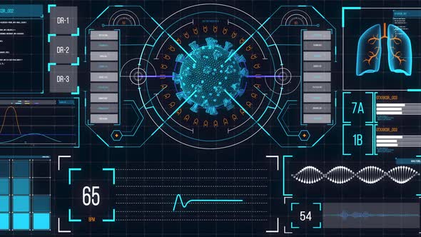 Animation of macro coronavirus Covid-19 cell analyzed on a screen with medical information