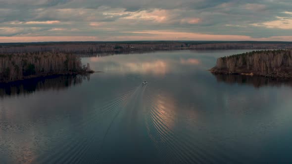 Aerial View of a Motor Boat Sailing on the Lake