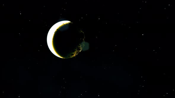 Glowing Yellow Half-Moon In Black Universe Of Stars