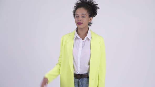 Happy Young Beautiful African Businesswoman Waving Hand