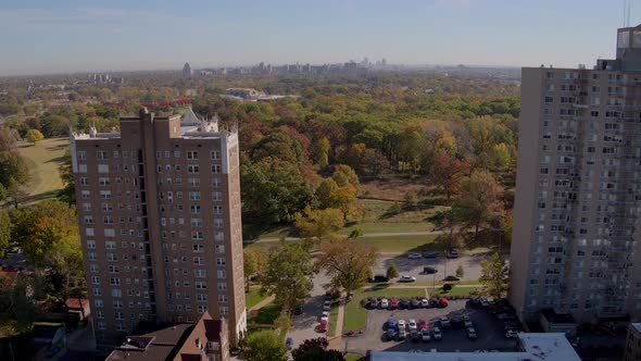 Aerial over a beautiful park and neighborhood in the fall