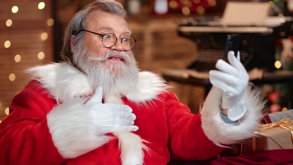 Closeup Male Santa Claus Talking Distance Video Call Use Smartphone