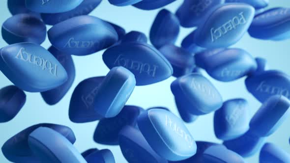 Countless blue viagra pills falling down. Endless, seamless looping animation.