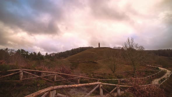 Aerial of a Tourist Hiking Along the Hills in Himmelbjerget Area Denmark