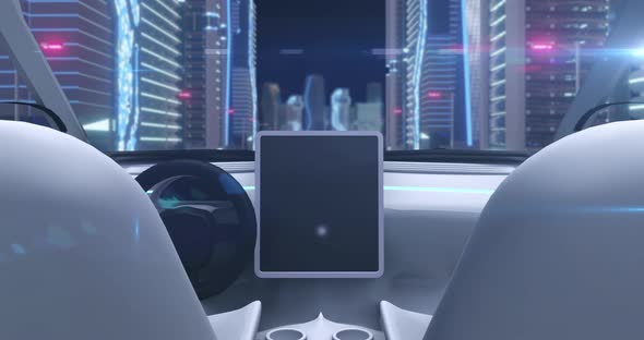 Video game simulation screen showing car cockpit driving through city streets