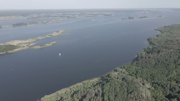 Nature of Ukraine: Dnipro River. Aerial View. Slow Motion, Flat, Gray