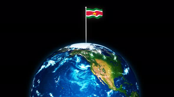 3d Rotated Planet Earth On Flying Suriname Flag Animation