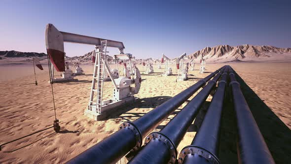 Animation of working oil pumping jacks and the oil pipeline. Loopable. HD