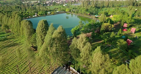 Aerial agriculture scene of water reservoir, supply for surrounded farmland in Embuk Kledung, Wonoso