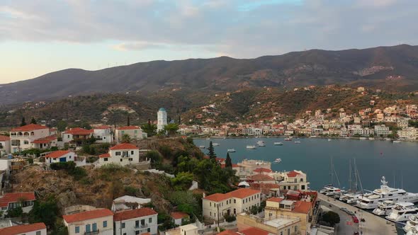 Aerial View of Poros Old Town and Marina or Seaport Greece  Drone Videography