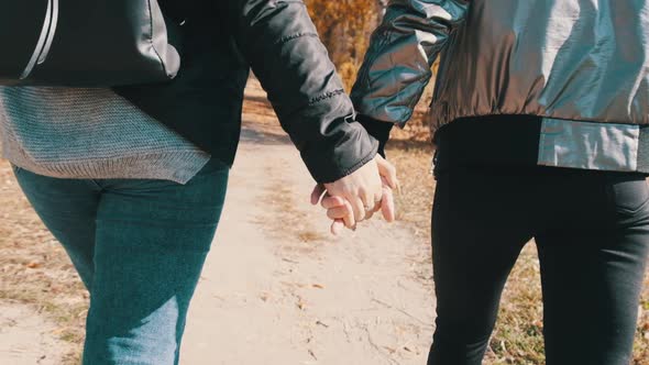 Two Young Women Walk Each Other By Hand in an Autumn Park Slow Motion