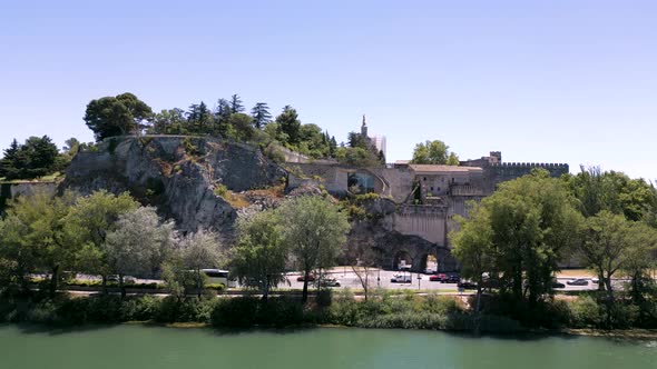 Aerial view of "Rocher des Doms" (Doms Rock) hill and gardens in Avignon, France