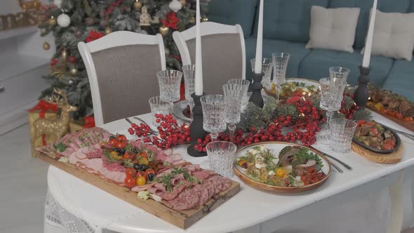 Close Up of a Delicious Table Served for Christmas Dinner in Living Room.