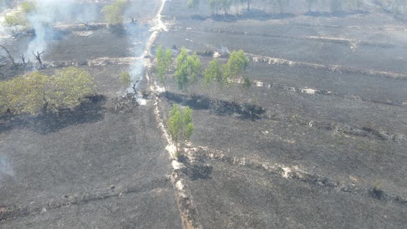 Aerial Drone Shot. Flying above fire in the nature.