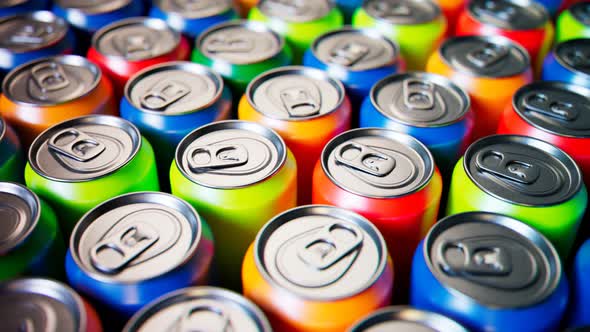 Seamless looping animation of assorted soda cans. Set of many drinks.Aerial view