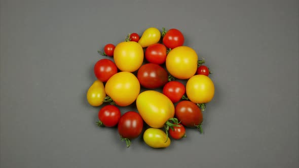 Tomatoes Form a Circle. Stop Motion. Assorted Tomatoes in the Form of a Circle