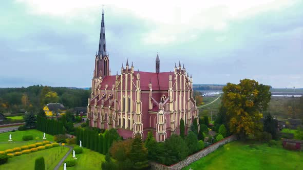 Aerial view over The Church in the agro-town Gervyaty, Grodno region, Belarus.