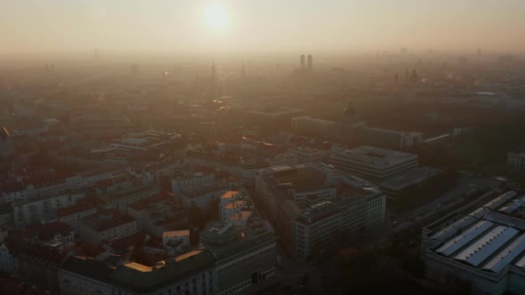Beautiful Winter Haze Fog in the Air Above Cityscape of Munich Germany Scenic Aerial View with