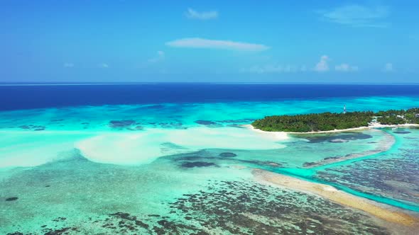 Aerial top view scenery of beautiful island beach time by blue ocean with white sandy background of 