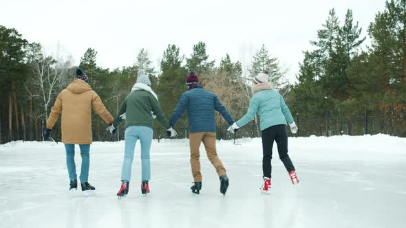 Back View of Sporty Young People Holding Hands and Ice-skating in Winter Park