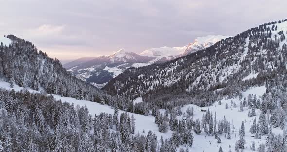 Side Aerial to Snowy Valley with Woods Forest at Sella Pass