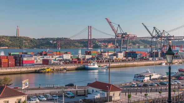 Skyline Over Lisbon Commercial Port Timelapse 25Th April Bridge Containers on Pier with Freight