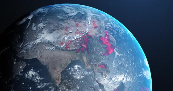 Animation of the planet earth spinning around and countries turning red through circles alt