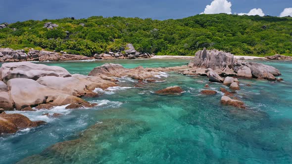 Aerial View of Unique Coastline with Nature Granite Boulders on Remote Paradise Like Beach Hidden in