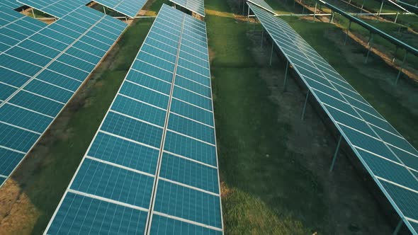 Aerial Drone View of the Solar Panels in Solar Farm for Green Energy